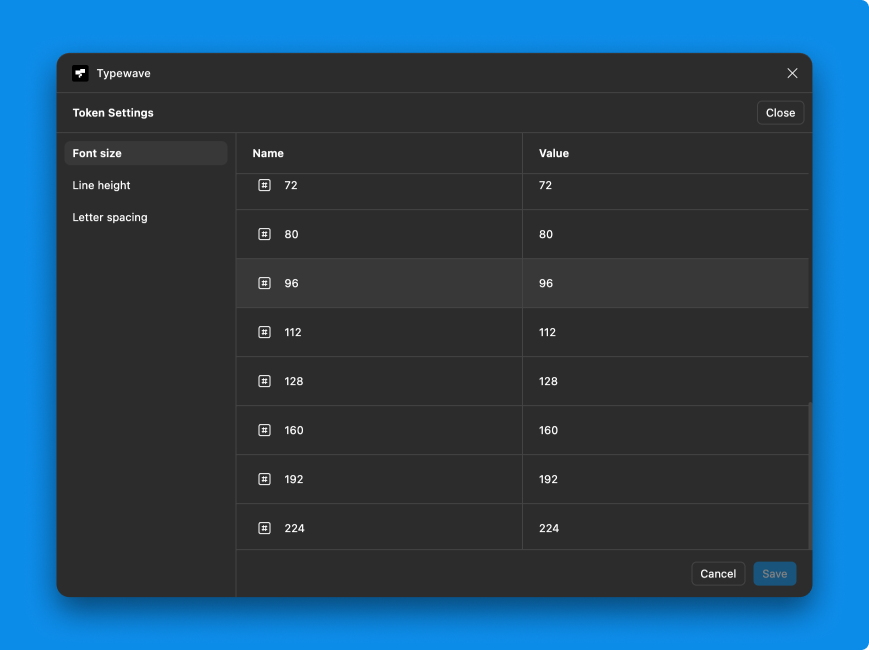 Editing font size, line-height and letter-spacing tokens in the Typewave Settings panel